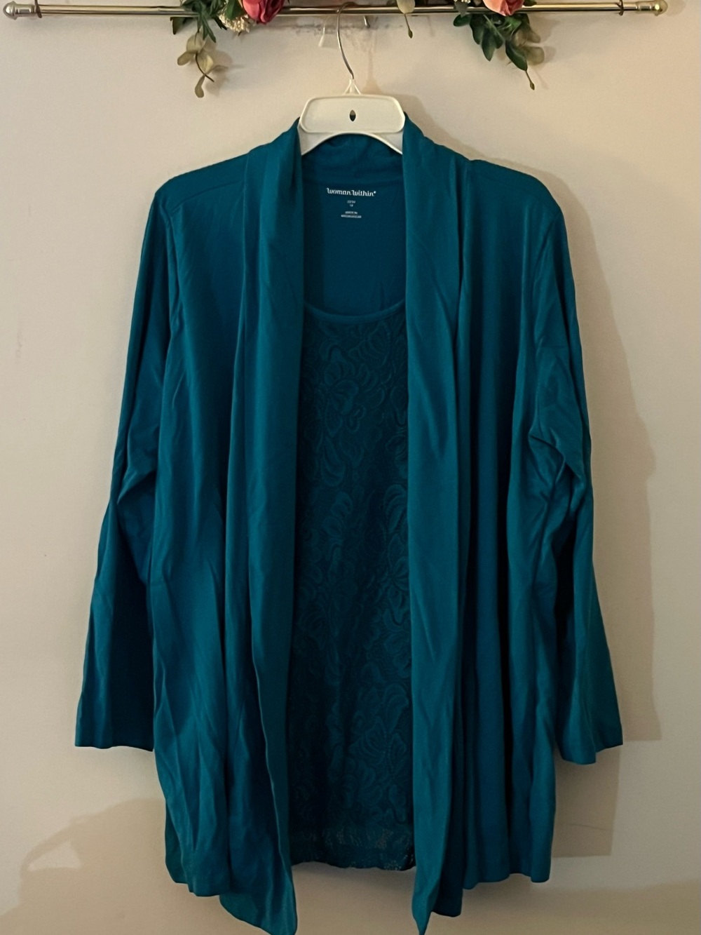 Woman Within Teal Open-Front Cardigan with Lace Tank Layer